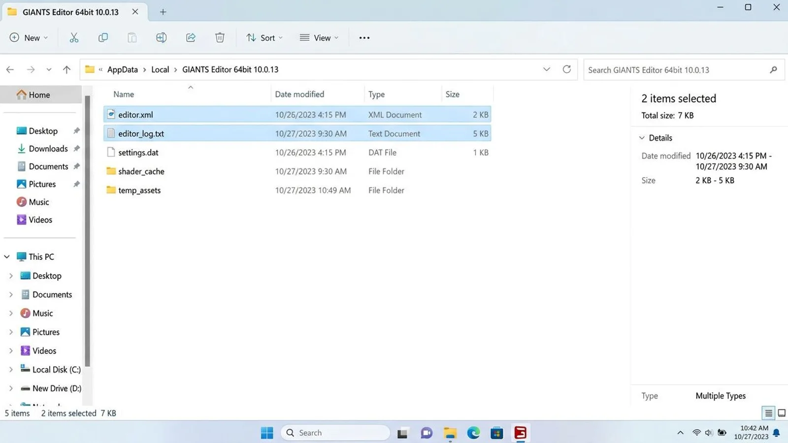 Windows Explorer showing the GIANTS Editor AppData folder with editor_log.txt