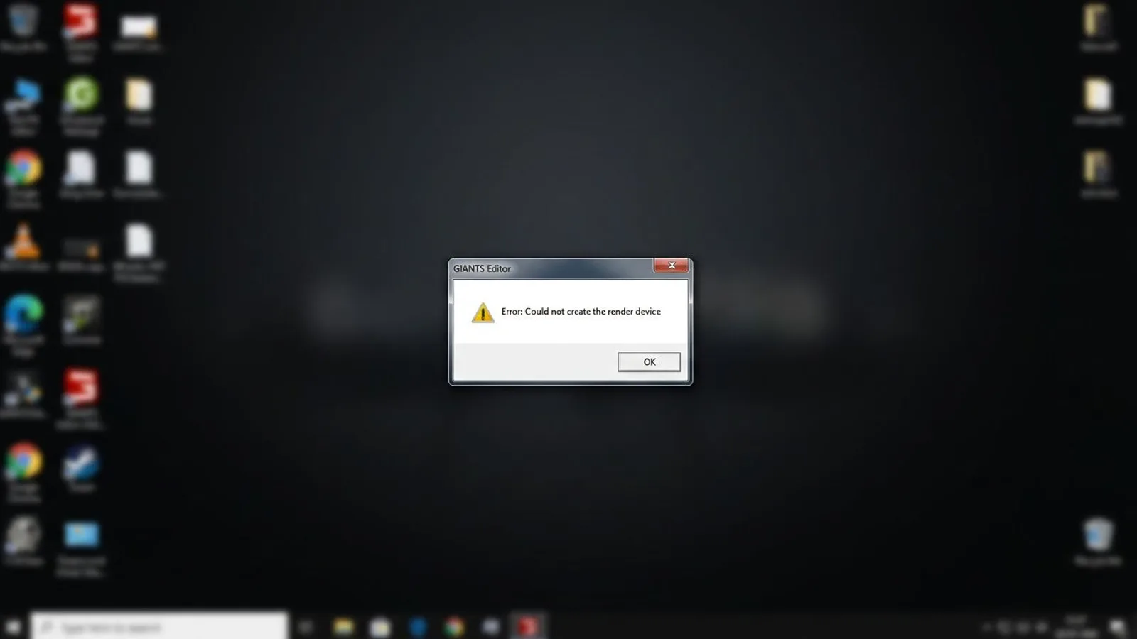 GIANTS Editor error dialog showing Could not create the render device