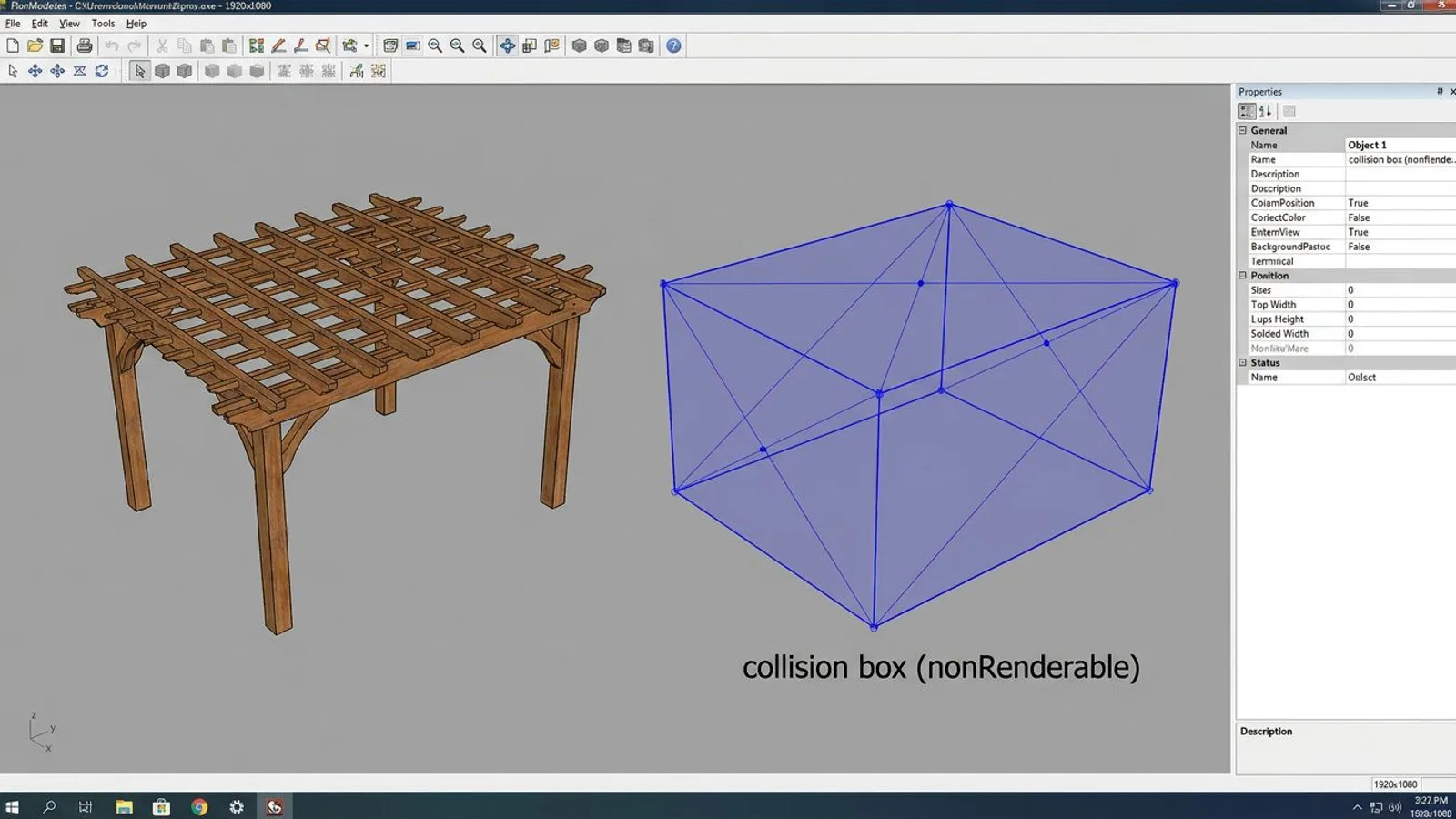 Visible model next to a simpler, invisible collision box (nonRenderable) that only handles physics