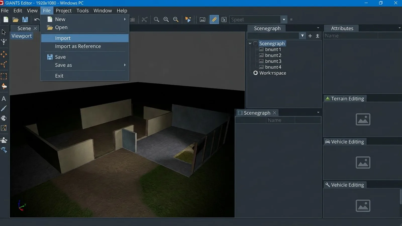 GIANTS Editor with the File menu open, the Import entry highlighted, used to add an extra i3d model to the existing scene.