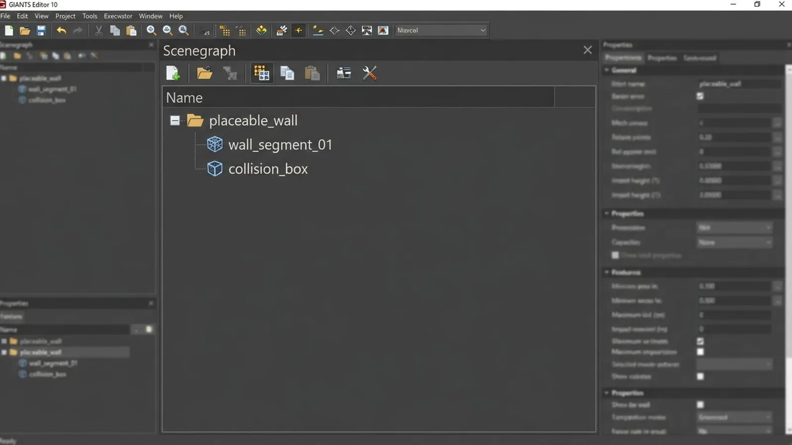 Scenegraph Panel in the GIANTS Editor: an imported object has been cut and pasted under the correct transform group.