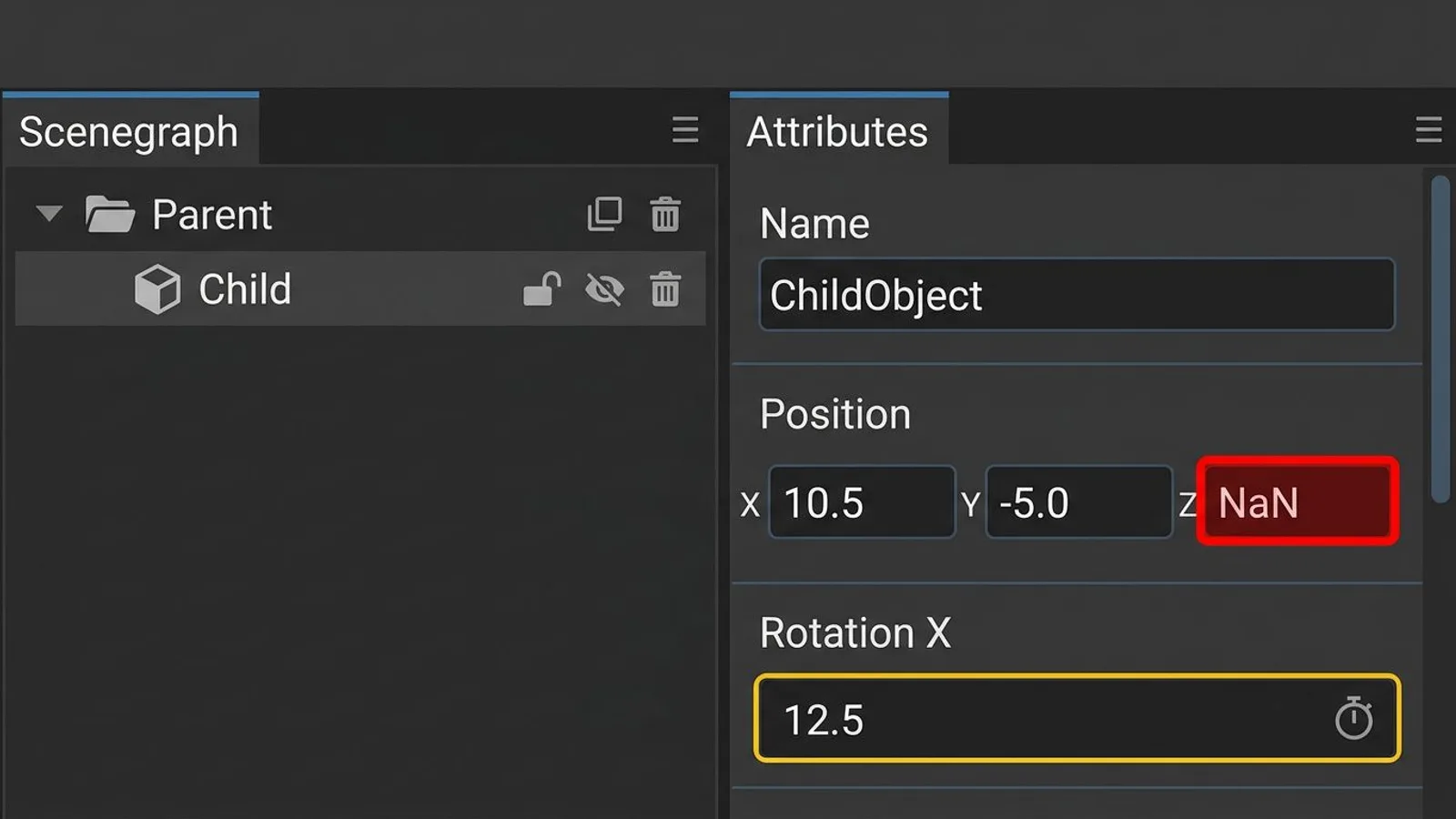 Scenegraph with parent-child objects and attributes panel with a red-flagged invalid value