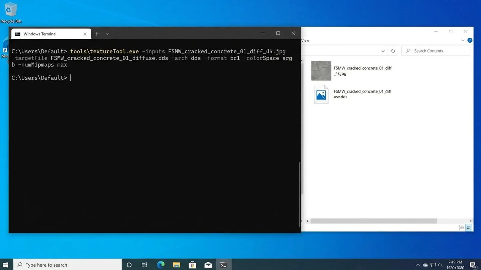Command line calling the GIANTS Texture Tool, with the resulting DDS file next to it