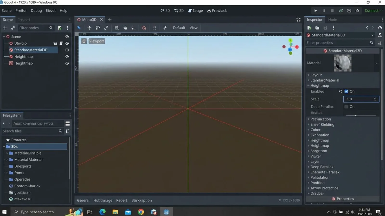 Godot 4 Inspector with the Heightmap section expanded, showing Heightmap Scale and Deep Parallax