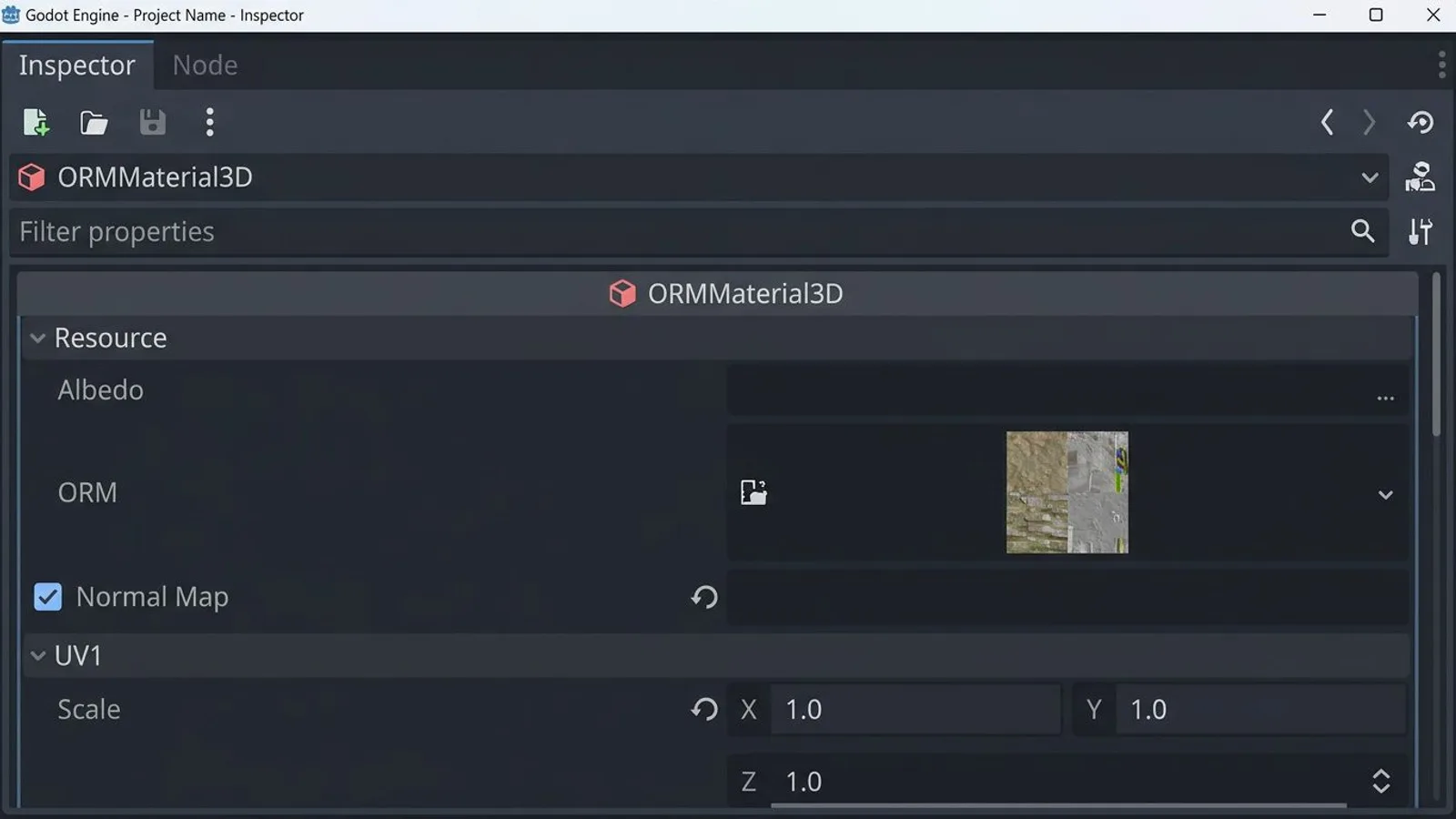 Godot 4 Inspector for an ORMMaterial3D resource with an assigned ORM texture and the UV1 Scale field