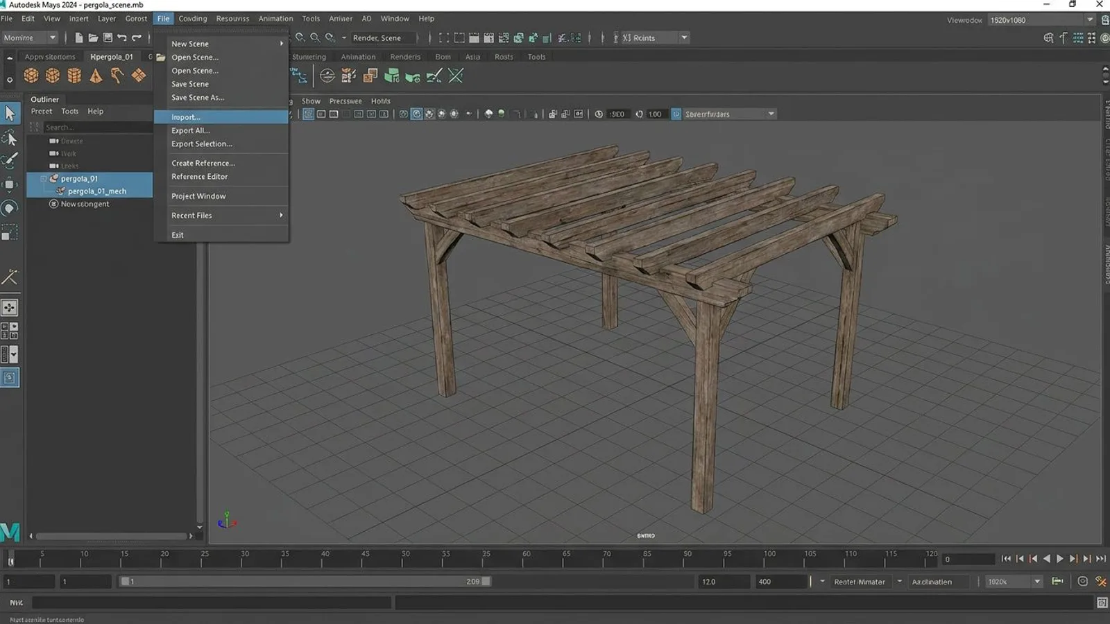 Maya viewport after an FBX import, showing the Outliner hierarchy