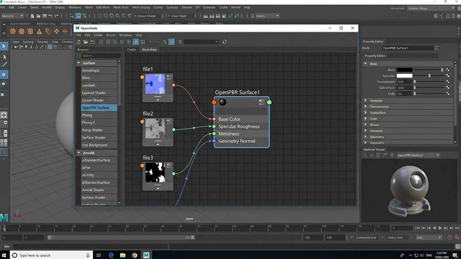 Maya Hypershade showing an OpenPBR Surface material connected to texture nodes