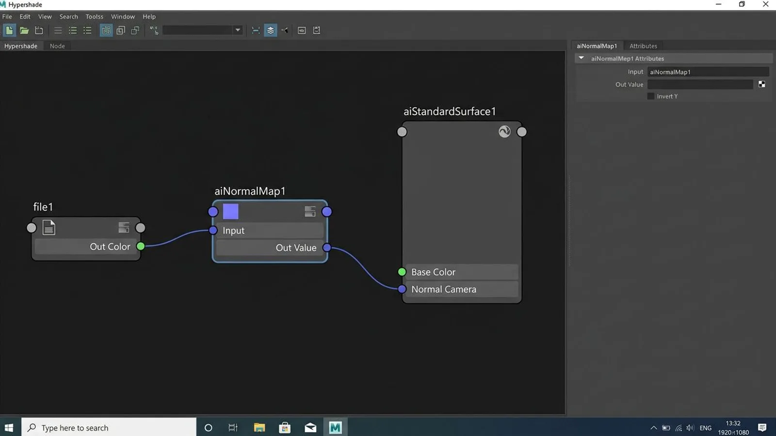 aiNormalMap node in Maya wired into the Normal Camera input of an aiStandardSurface material