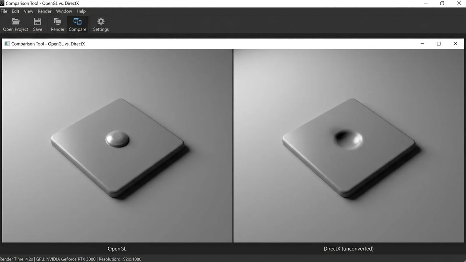 The same rivet looks raised with an OpenGL normal map and like a dent with an unconverted DirectX one
