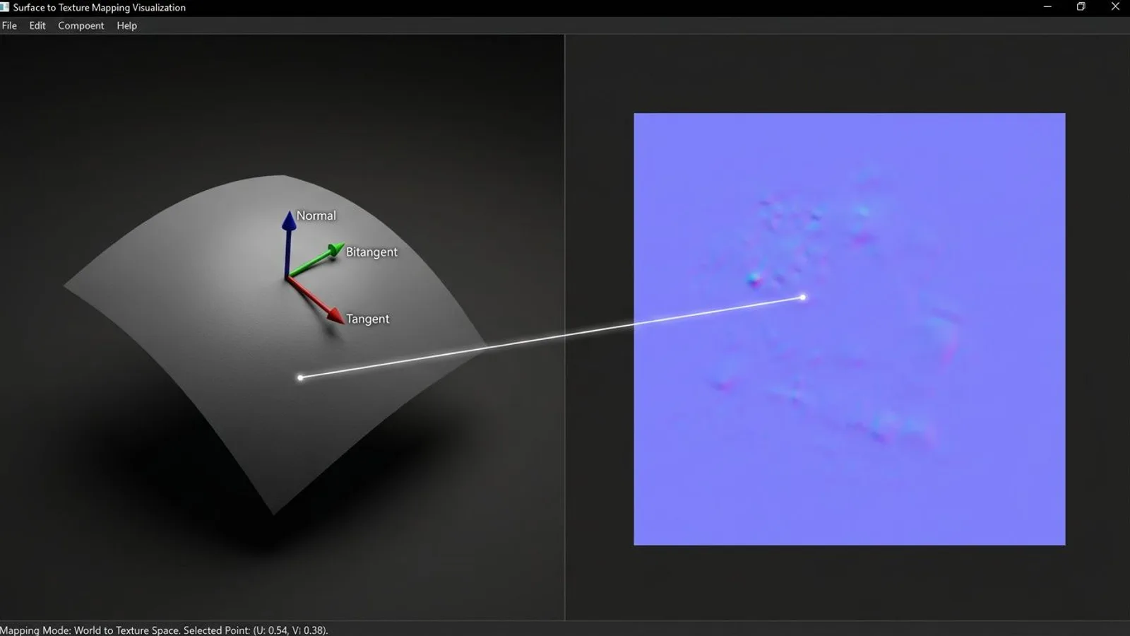 Tangent, bitangent and normal as a local frame on a surface, next to the matching blue-violet normal map