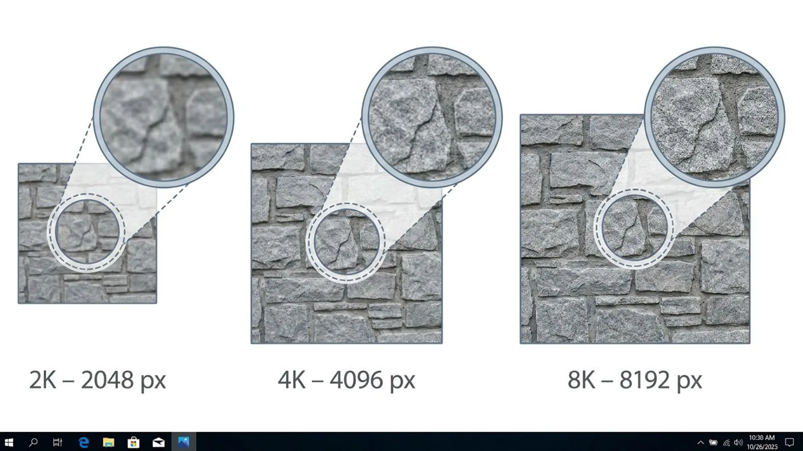 Comparison of the three resolution tiers 2K, 4K and 8K of the same texture with a magnified detail inset.