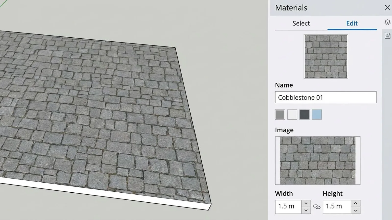 SketchUp Materials panel Edit tab with tile size fields in meters