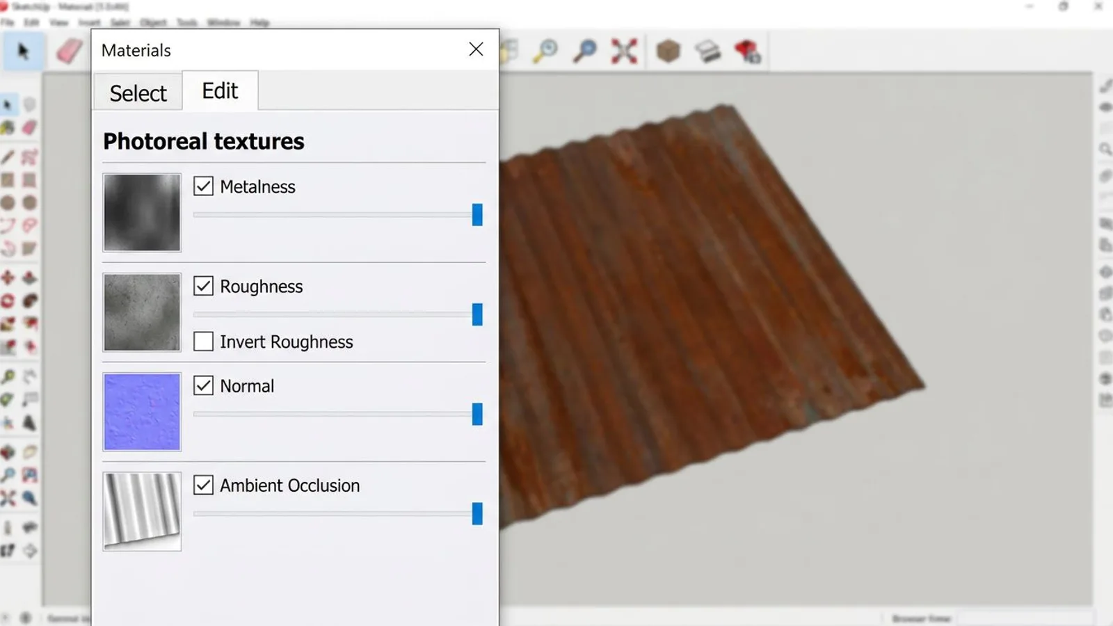 Photoreal map sliders for Metalness, Roughness, Normal, and Ambient Occlusion in the SketchUp Materials panel