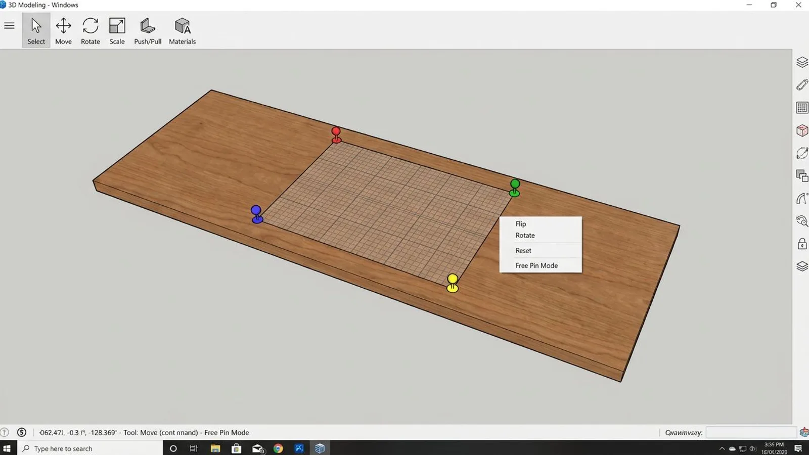 SketchUp Texture Position tool showing the four colored pins for moving, scaling, and distorting