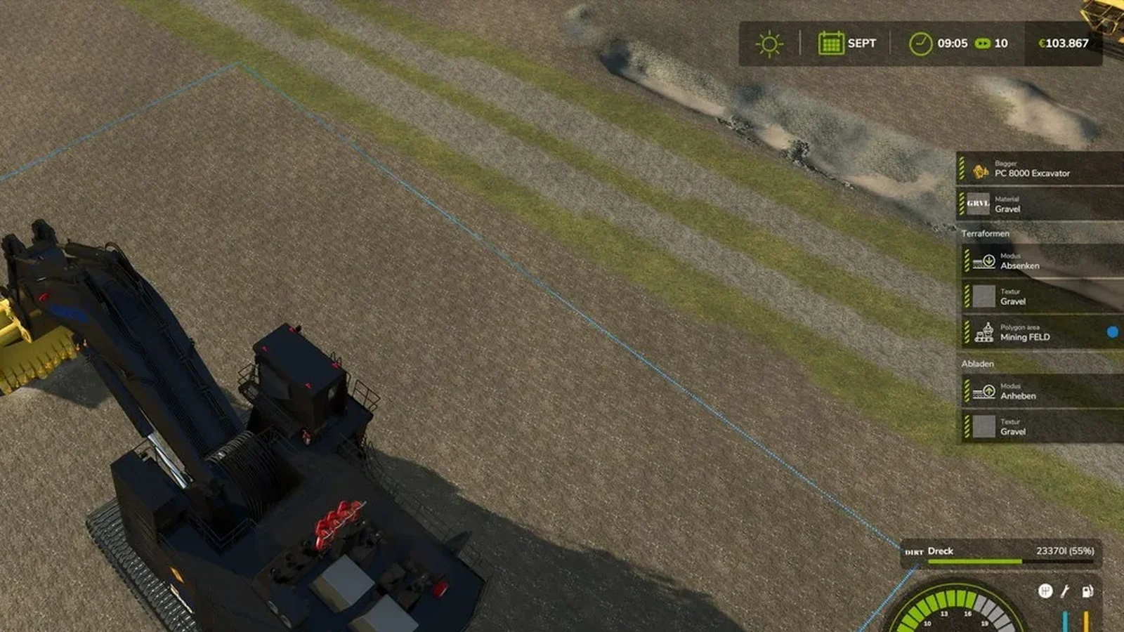Bagger PC 8000 gräbt im Polygonbereich, rechts das TerraFarm-HUD mit Material Kies und Modus Absenken