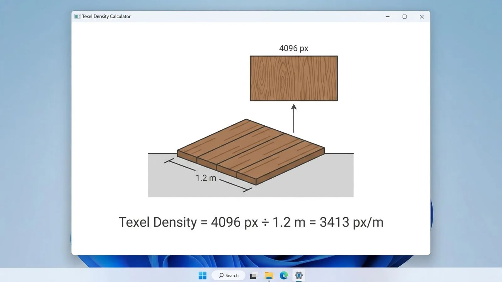 Formula diagram: texel density calculated as texture resolution divided by tile size, using Oak Planks 01 as the example.