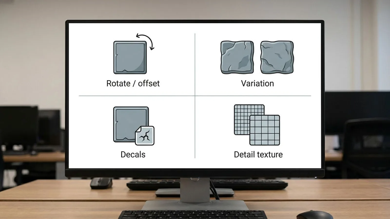 Four remedies against visible texture repetition: rotation, variation, decals and detail textures.