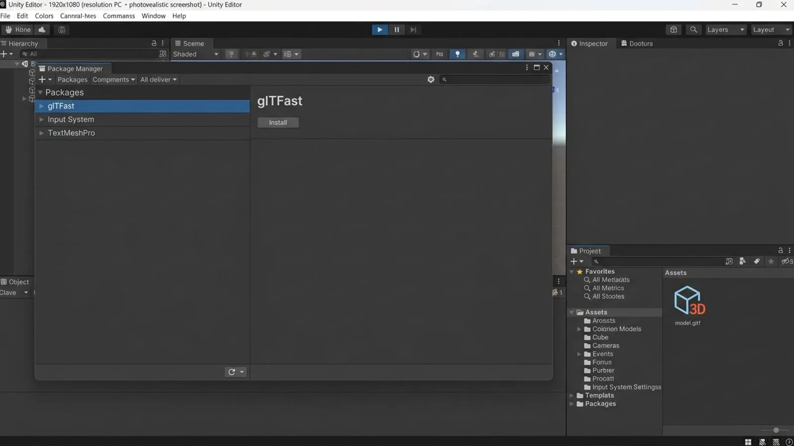 Unity Package Manager with the glTFast package ready to install and a .gltf file in the Project window