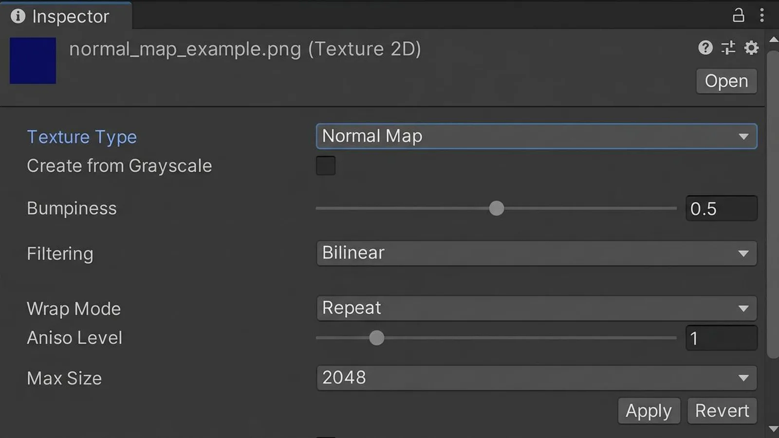 Unity Editor Inspector window showing texture import settings with Texture Type set to Normal Map