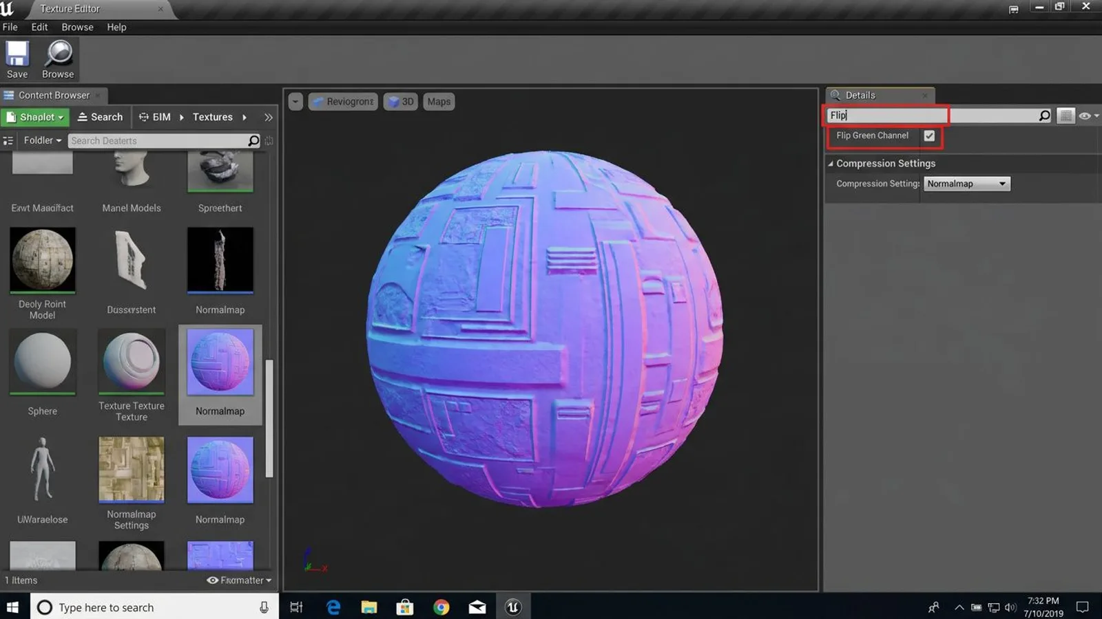Unreal Engine 5 texture editor with the Flip Green Channel option enabled for a normal map