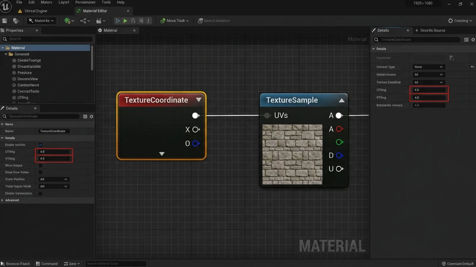 Unreal material graph: TextureCoordinate node with UTiling and VTiling at 4.0, wired into the Texture Sample