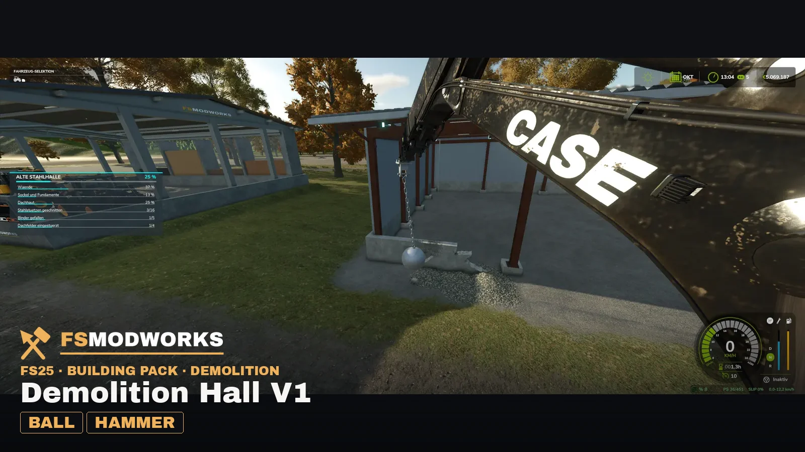 The wrecking ball hanging over broken concrete inside the half-demolished hall, the progress panel on the left showing 25 per cent