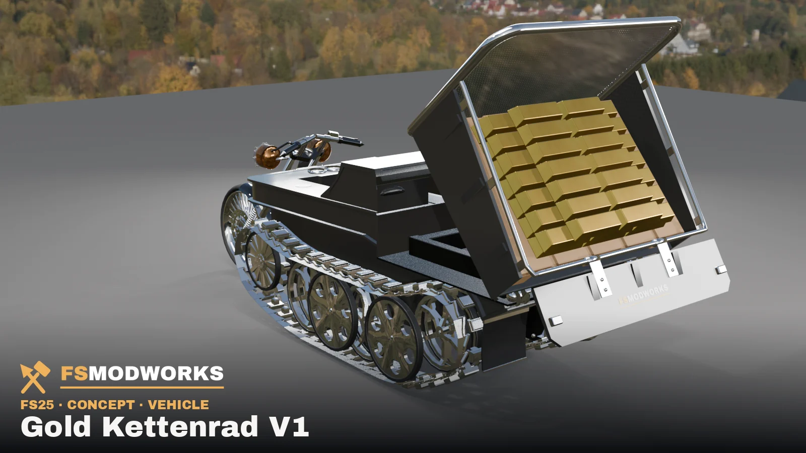 The FSMW Gold Kettenrad V1 with the bed tipped up and the tailgate open, a pallet of gold bars inside