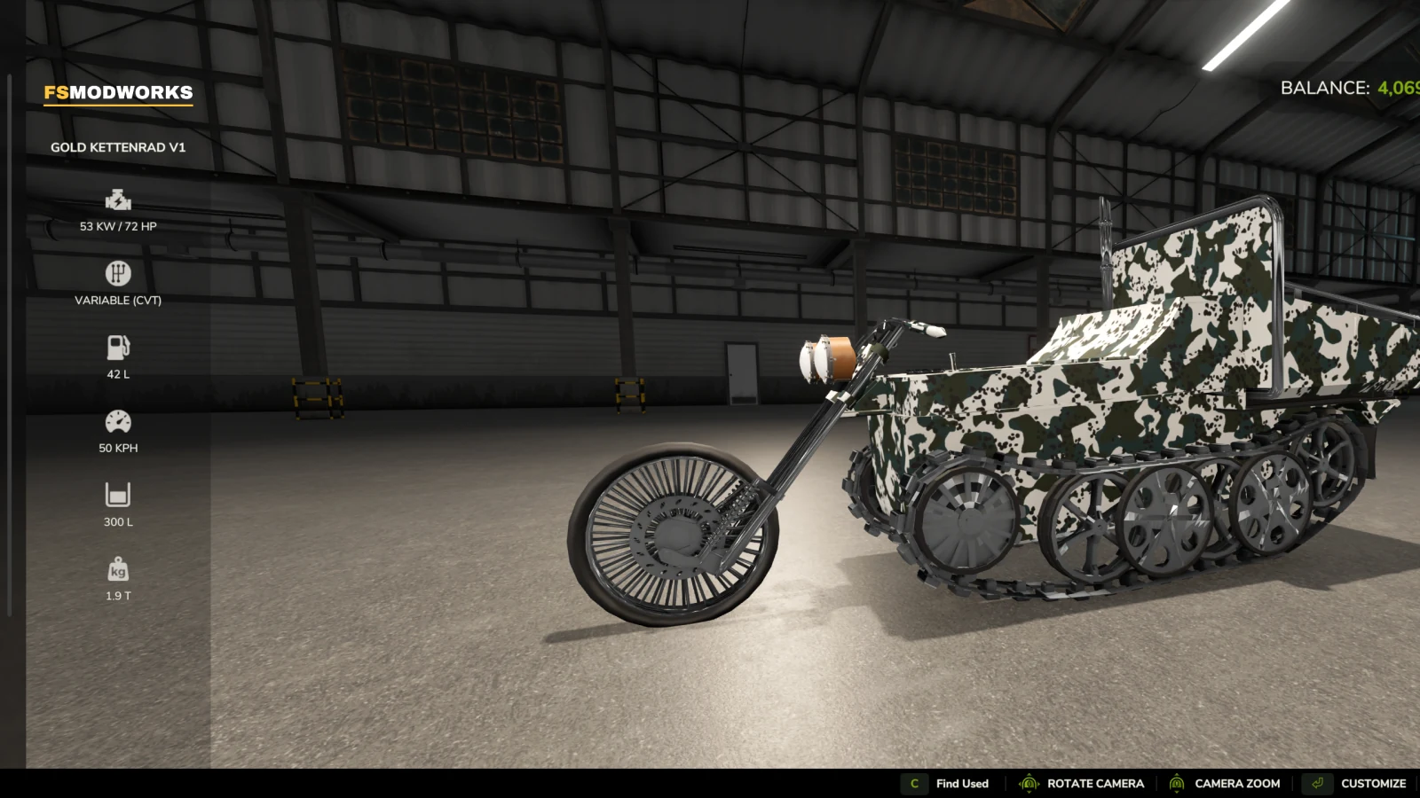 In-game shop in FS25: the Gold Kettenrad V1 in a white camo pattern, next to it the specs 72 hp, CVT, 50 km/h, 300 litres