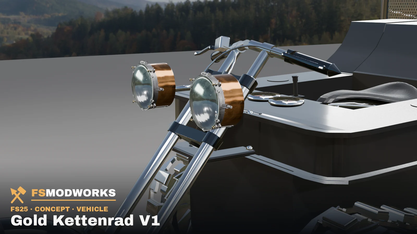 Steering head of the Gold Kettenrad V1: two vintage headlights on the chrome springer fork, handlebars and chopper saddle