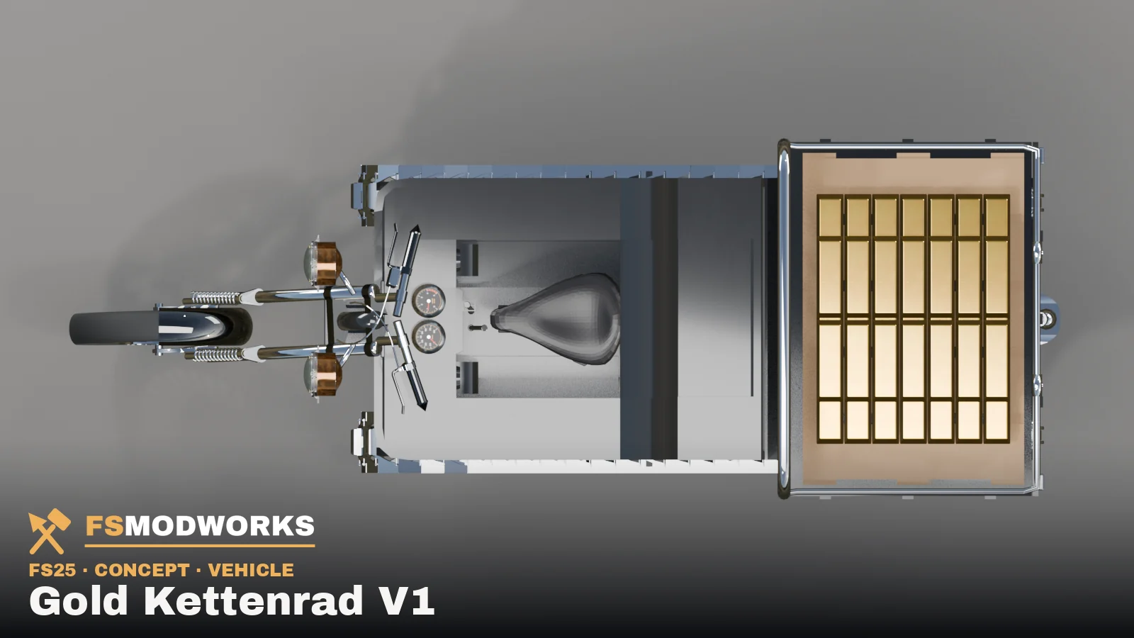 Top view of the Gold Kettenrad V1: a gold bar pallet lies across the bed