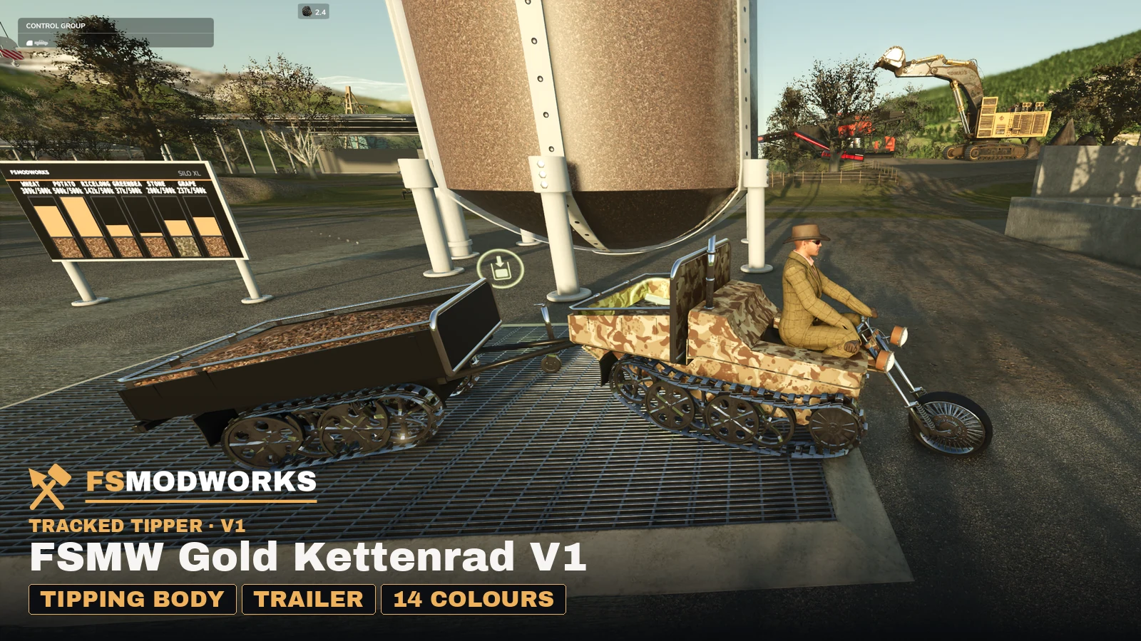 In-game screenshot from FS25: the Kettenrad in a sand-coloured camo pattern with a loaded trailer under a silo