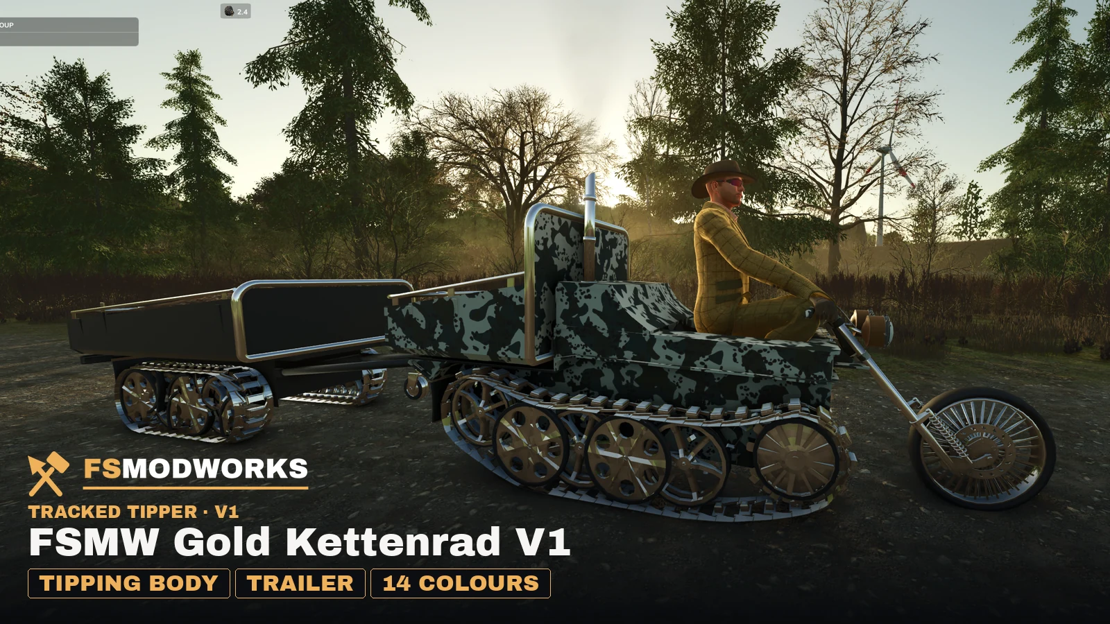 In-game screenshot from FS25: the Gold Kettenrad in a grey camo pattern with the tracked trailer hitched on, in a forest at sunset