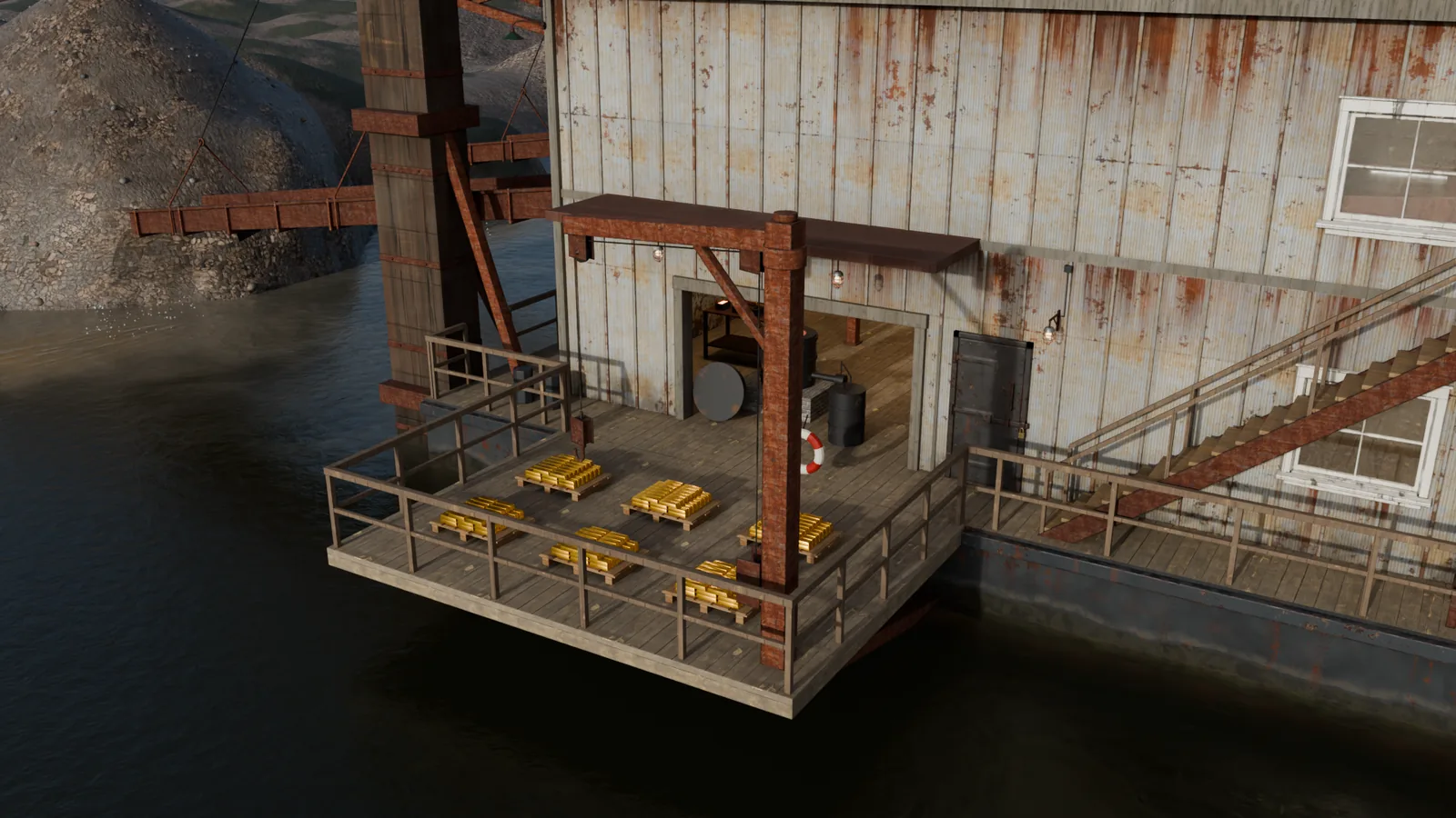 Render des Ladedecks mit Paletten voller Goldbarren und Davitkran