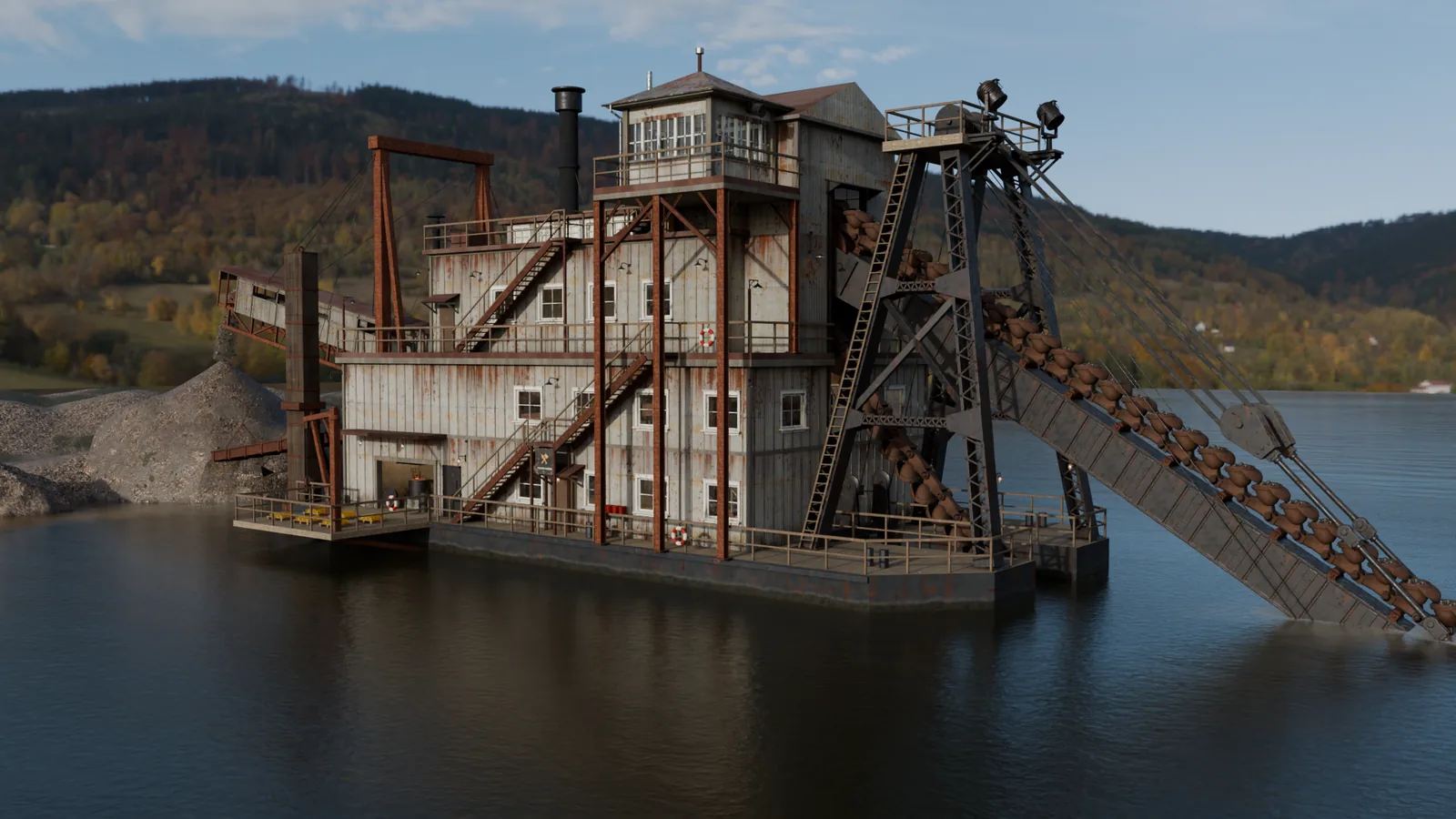 Render der Insane Swim Dredge: schwimmender Eimerketten-Goldbagger mit Eimerleiter, Fachwerk-Bugportal, Steuerhaus und Stacker