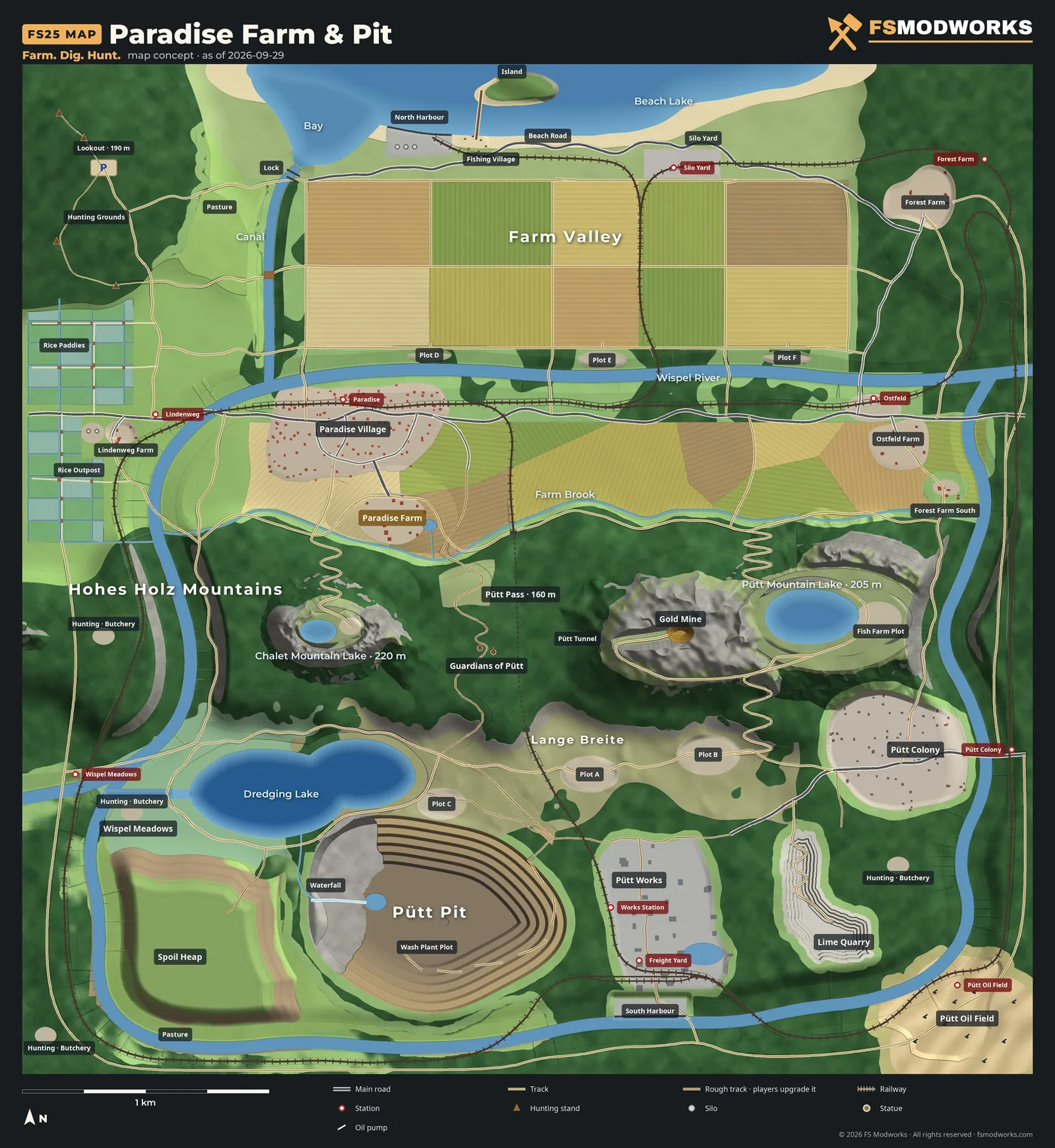 Map concept of Paradise Farm & Pit with all places, roads, railway and hunting grounds