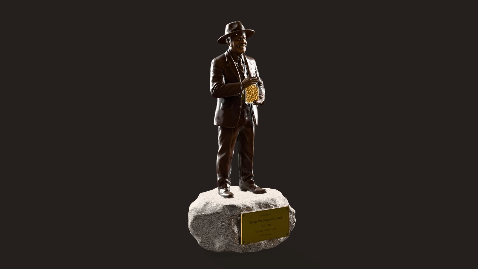 The George Carmack statue from the front right: laughing face, the jar of gold nuggets held at his chest, the plaque on the boulder