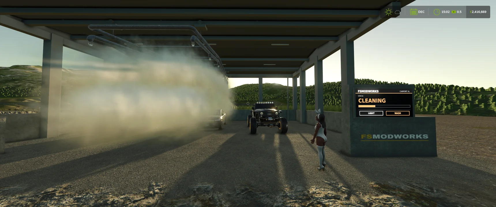 The wash portal running in water mist over the saloon, the off-roader in the middle bay, on the right the greeting figure next to the screen reading CARPORT XL and CLEANING