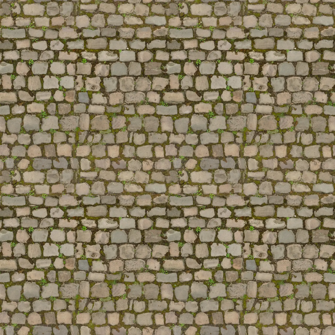 Four tiles of the texture side by side: cobbles with moss in the joints, the joins are invisible