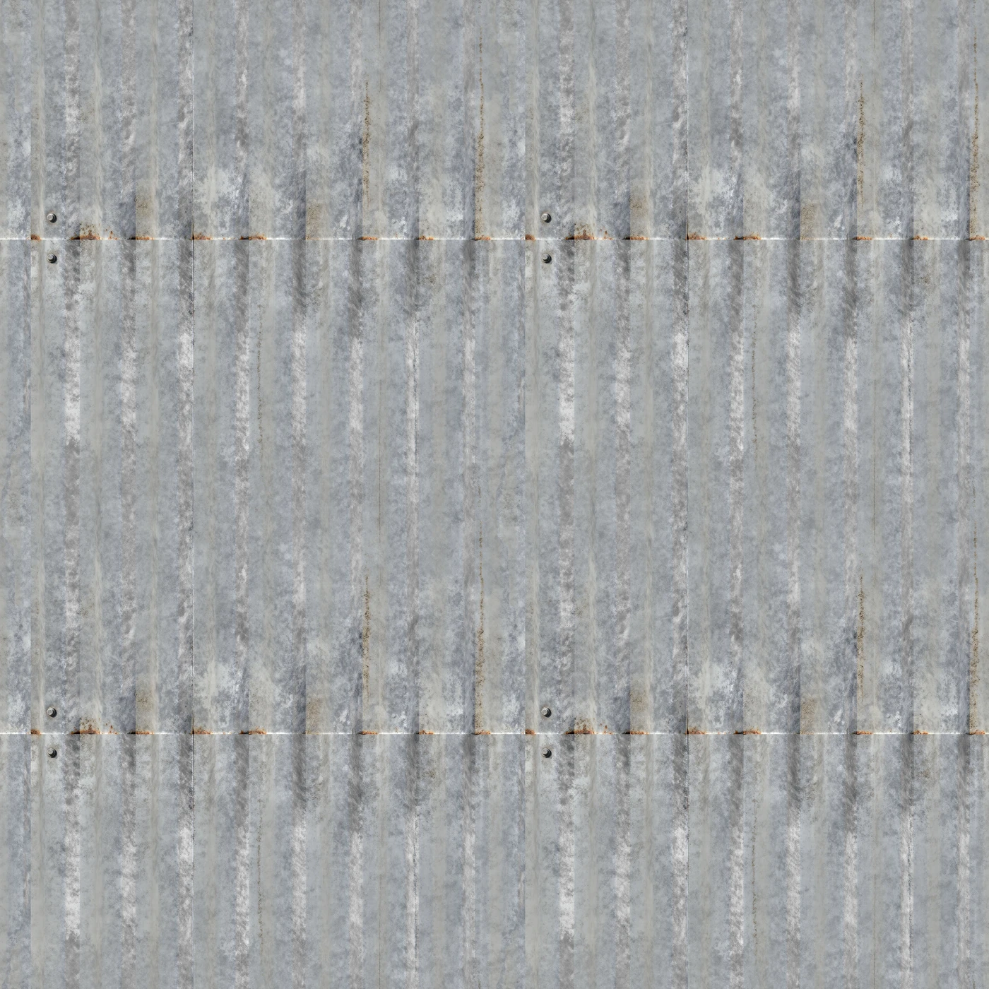 Four tiles of the texture side by side: galvanised corrugated sheet with vertical dirt streaks and a screwed cross seam, the joins are invisible