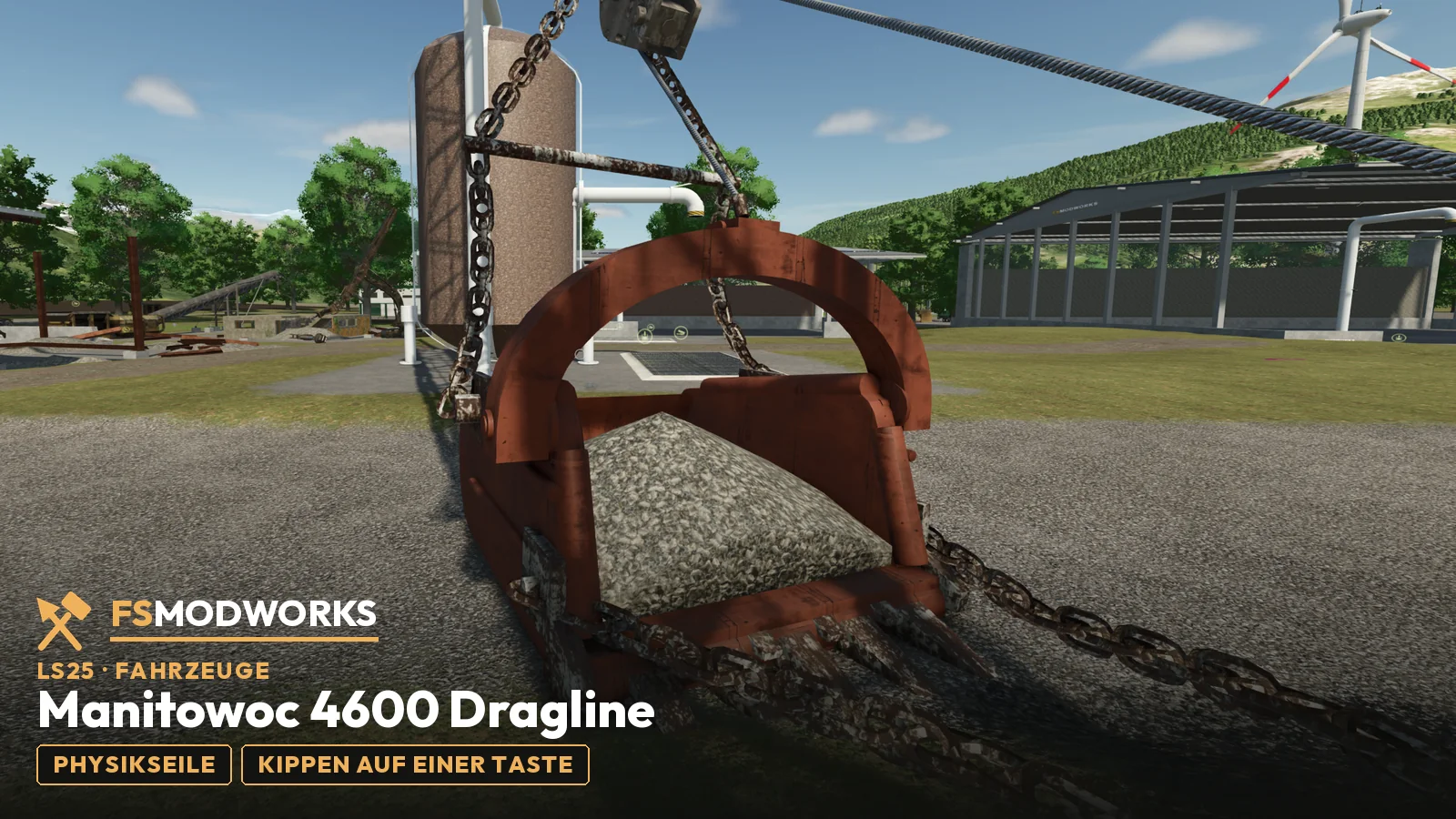 Dragline-Löffel mit Kies, hängt an Physikseilen und Ketten