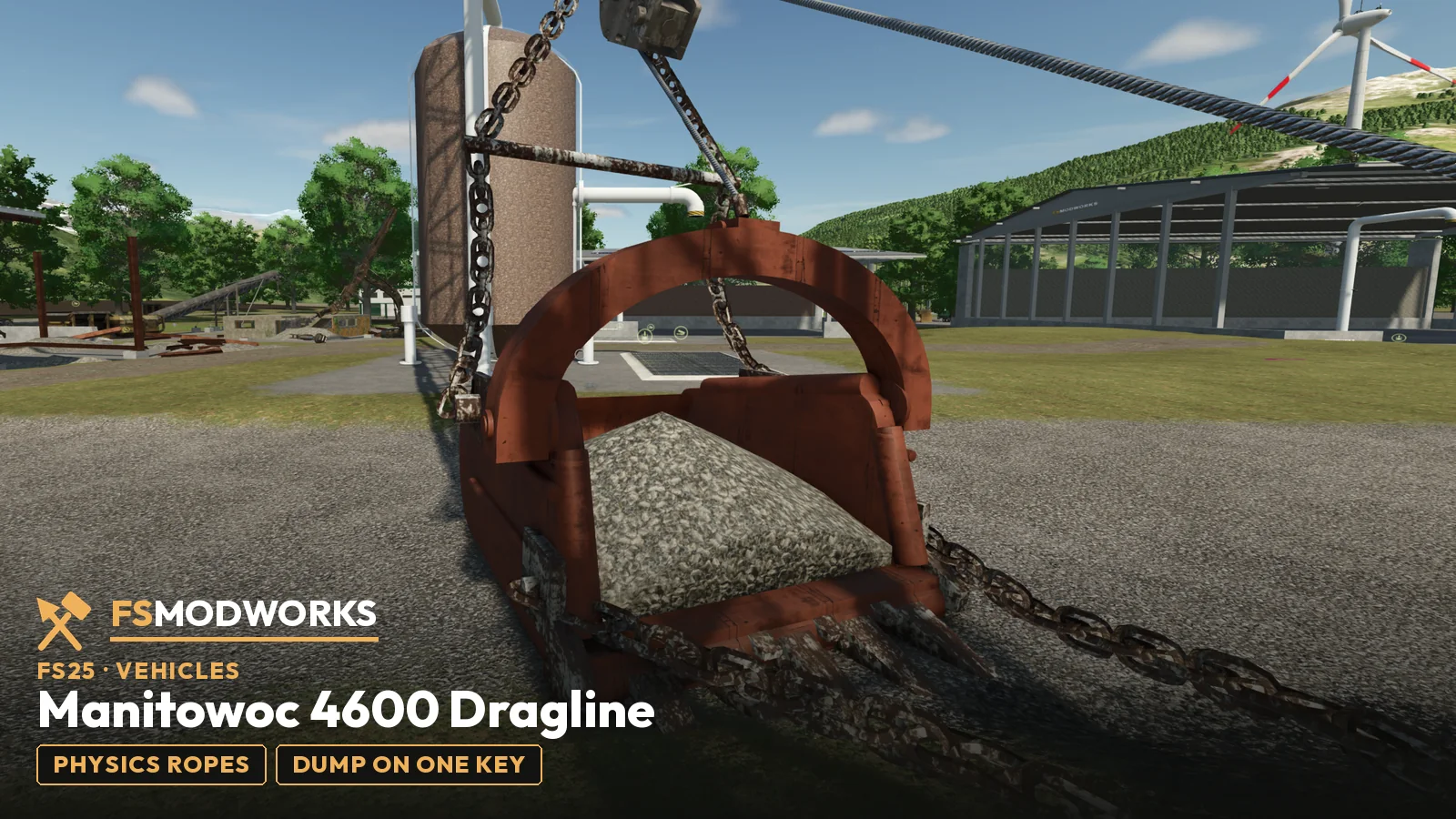 Dragline bucket loaded with gravel, hanging on physics ropes and chains