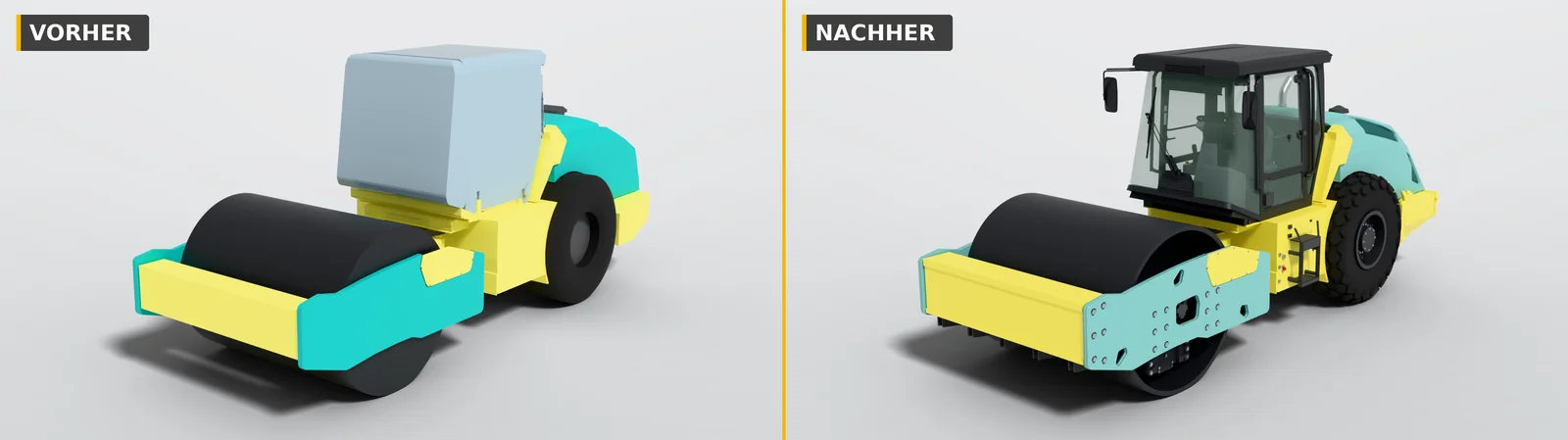 Ammann ARS 200 vorher und nachher von vorn links: der Rohbau mit Platzhalter-Block für die Kabine, daneben das heutige Modell mit echter Kabine, Verglasung, Spiegeln und verschraubter Seitenplatte am Walzenrahmen
