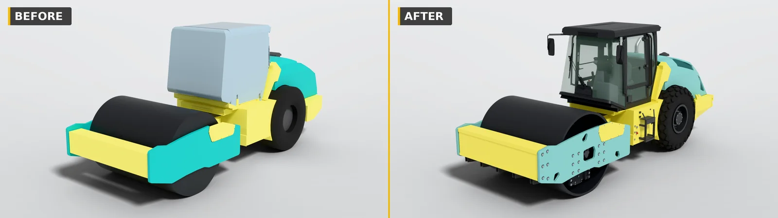 Ammann ARS 200 before and after from the front left: the rough body with a placeholder block for the cab, next to today's model with a full cab, glazing, mirrors and the bolted side plate on the drum frame