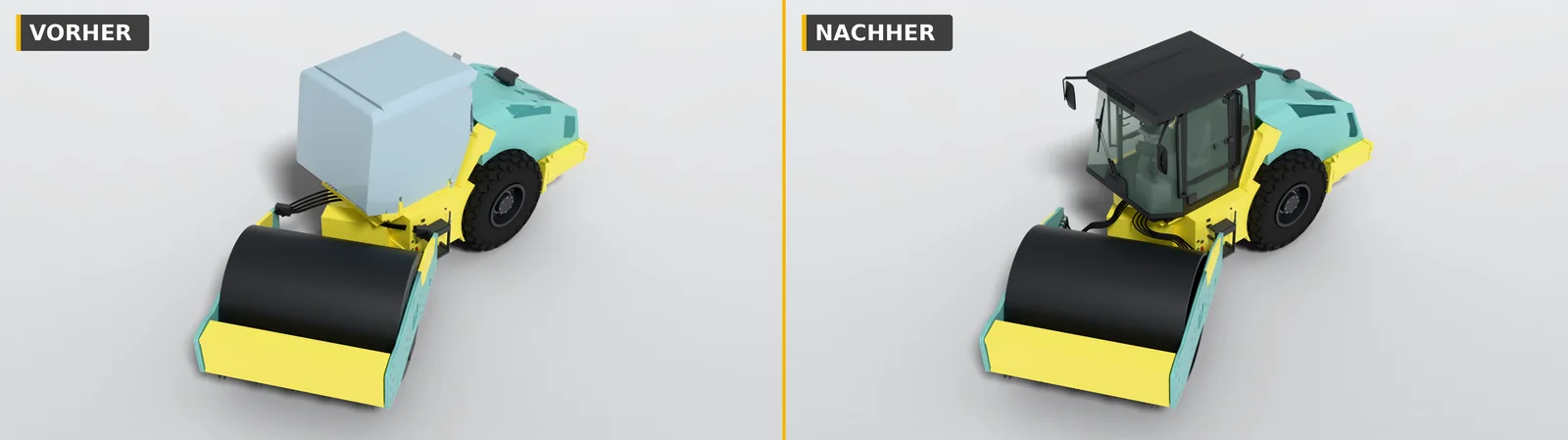 Knicklenkung mit 36 Grad von oben, vorher und nachher: Heute laufen die Hydraulikschläuche tiefer über das Gelenk und biegen beim Lenken mit