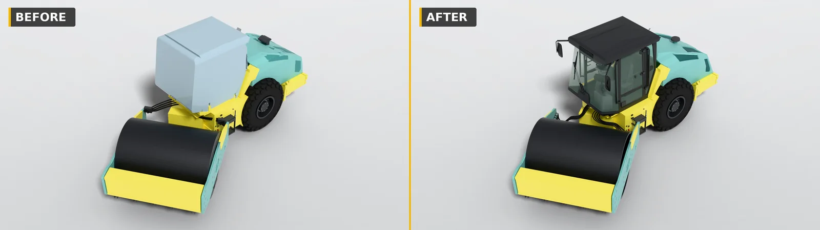 Articulated steering at 36 degrees from above, before and after: today the hydraulic hoses run lower across the joint and bend with the steering
