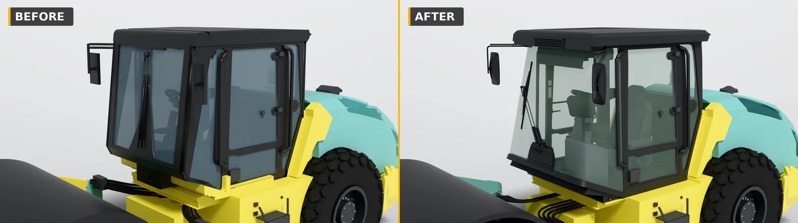 The cab up close, before and after: today with slanted side walls, curved front glass, a parallelogram wiper, a round mirror, and seat, steering wheel and display inside