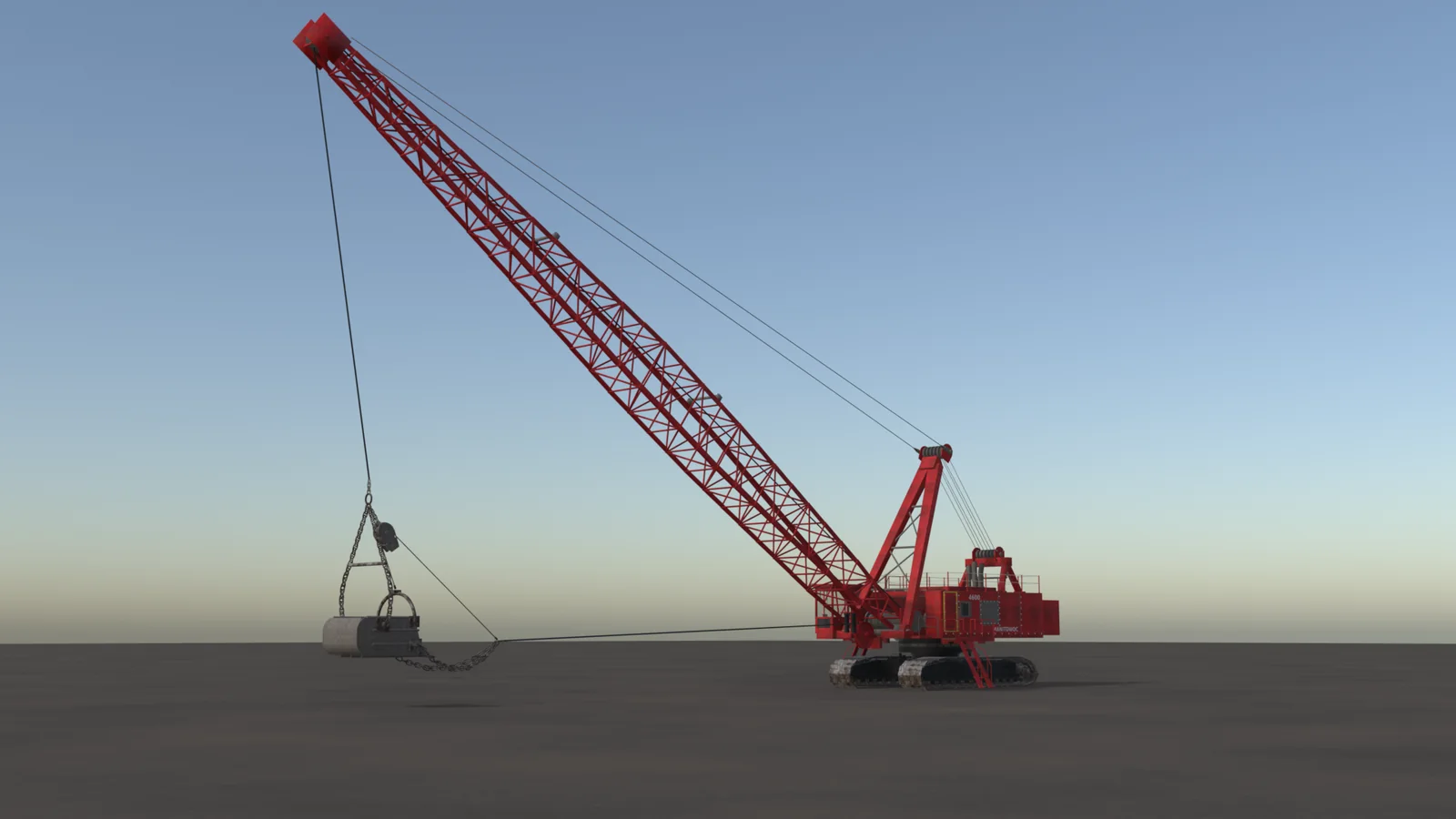 Manitowoc 4600 Dragline, test build 0.1.4.1: the whole machine with the lattice boom, the mast head and the bucket on its hoist chains