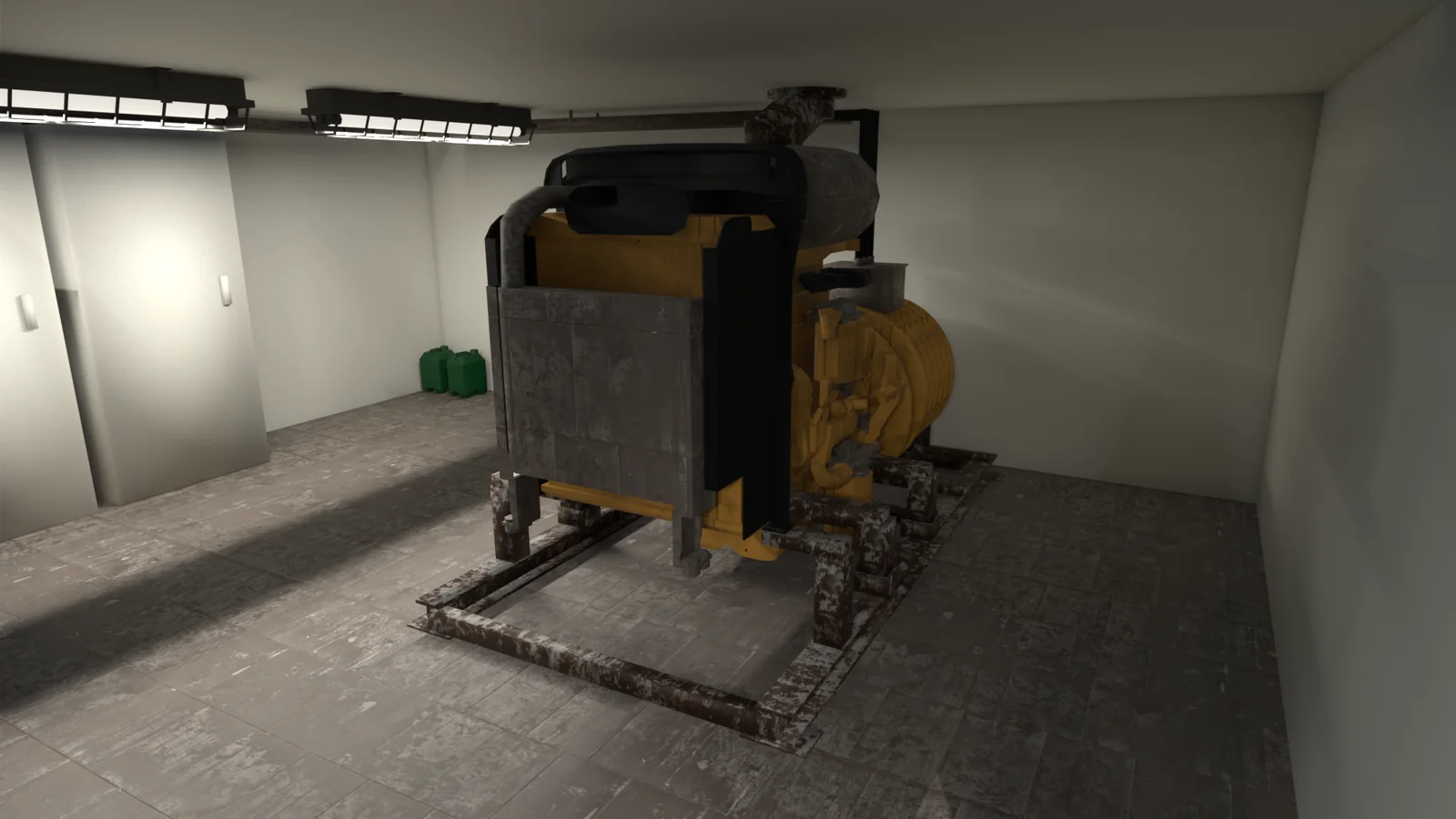 Walk-in engine room: engine on its bed, generator, cabinets and fluorescent lights