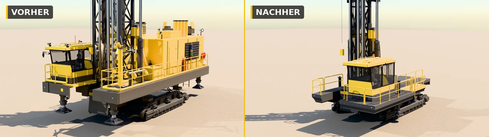 PV-235 E vorher und nachher von vorn links: Version 0.9.1.0 mit Kabine rechts und breitem Maschinenhaus, daneben der Umbau mit Kabine vorn links und tieferem, offenem Deck