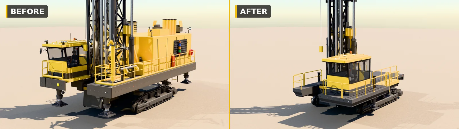 PV-235 E before and after from the front left: version 0.9.1.0 with the cab on the right and a wide engine house, next to the rework with the cab at the front left and a lower, open deck